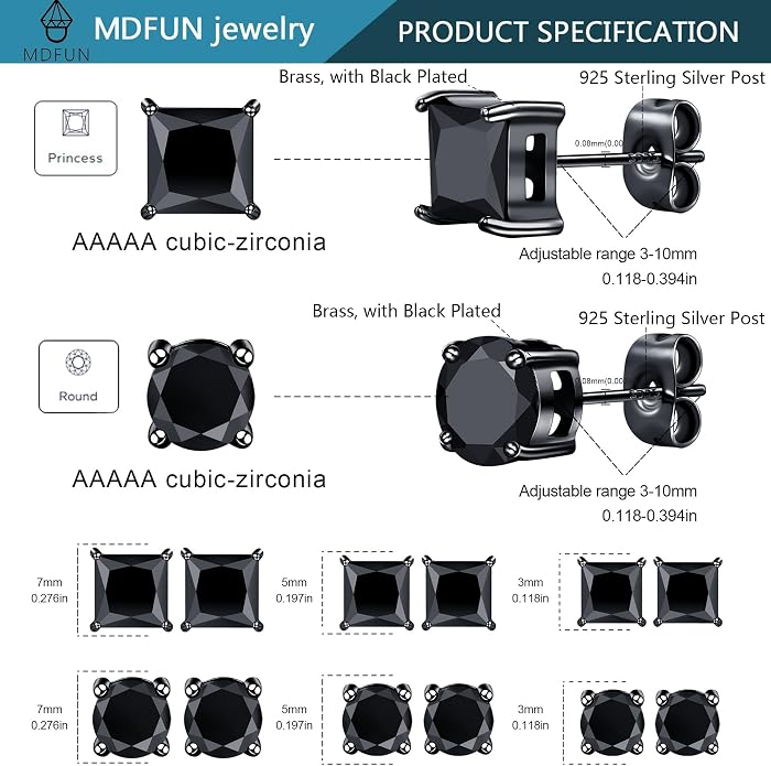 MDFUN 6 Pairs Stud Earrings Set 3mm/5mm/7mm Princess & Round Cubic Zirconia Earrings Hypoallergenic 316L Surgical Stainless Steel CZ Earrings for Women Men