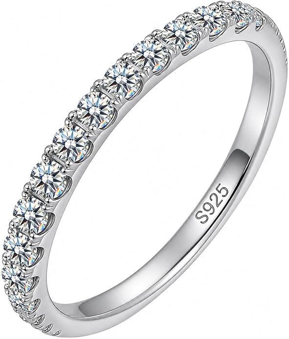 WES 1.5/1.8/2.0mm Moissanite Wedding Band - 925 Sterling Silver Half Eternity Round Stackable Moissanite Engagement Rings Anniversary Wedding Rings for Women, Size 4-11