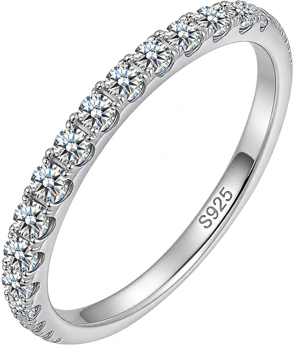 WES 1.5/1.8/2.0mm Moissanite Wedding Band - 925 Sterling Silver Half Eternity Round Stackable Moissanite Engagement Rings Anniversary Wedding Rings for Women, Size 4-11