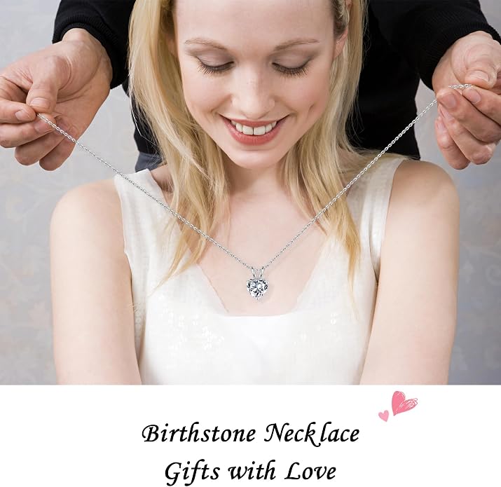 SMILEST Dainty Heart Birthstone Necklace for Women, 925 Sterling Silver Necklace Sparkling Heart Pendant, Anniversary Birthday Gifts for Women Mom Wife Daughter Girlfriend Grandma