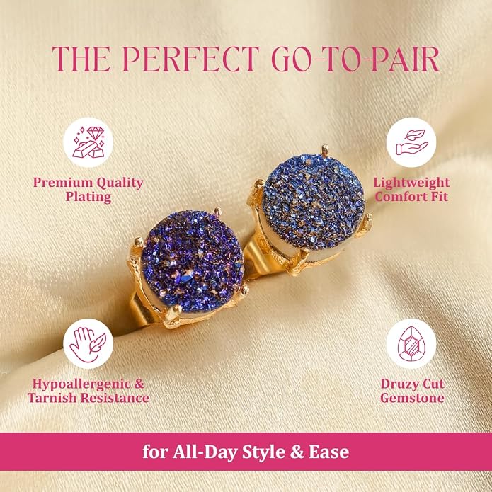 Gempires Gemstone Druzy Stud Earrings for Women 14k Gold Plated Handmade Prong Set Studs Raw Crystal Hypoallergenic Jewelry Minimalist Every Ocassion Gift
