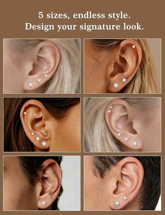 5 Pairs Moissanite Sterling Silver Stud Earrings Set for Women, Hypoallergenic, 2mm, 3mm, 4mm, 5mm