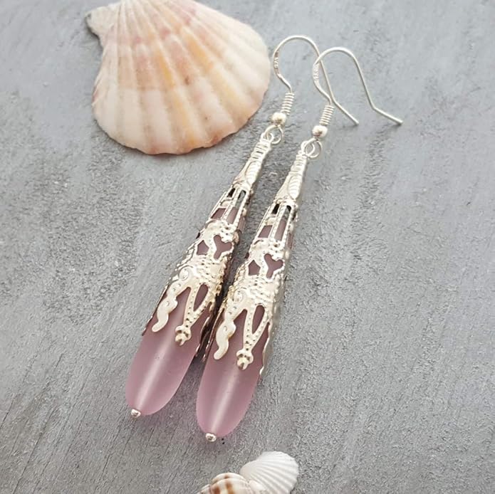 Handmade Sea Glass Earrings, Hawaiian Jewelry for Women, Long Teardrop Earrings Beach Jewelry, Sea Glass Jewelry For Women Birthday Gift For Her
