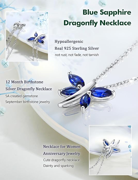 925 Sterling Silver Birthstone Necklaces for Women, Dainty Cute Dragonfly/Butterfly Pendant Necklace, Great Christmas/Anniversary Jewelry for Mother
