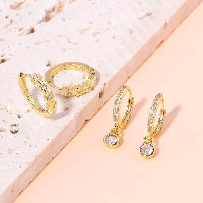 CiNily Small Hoop Earrings for Women Girls Flower Cubic Zirconia Huggie Earrings Hypoallergenic 14K Yellow Gold Plated Cartilage Earrings