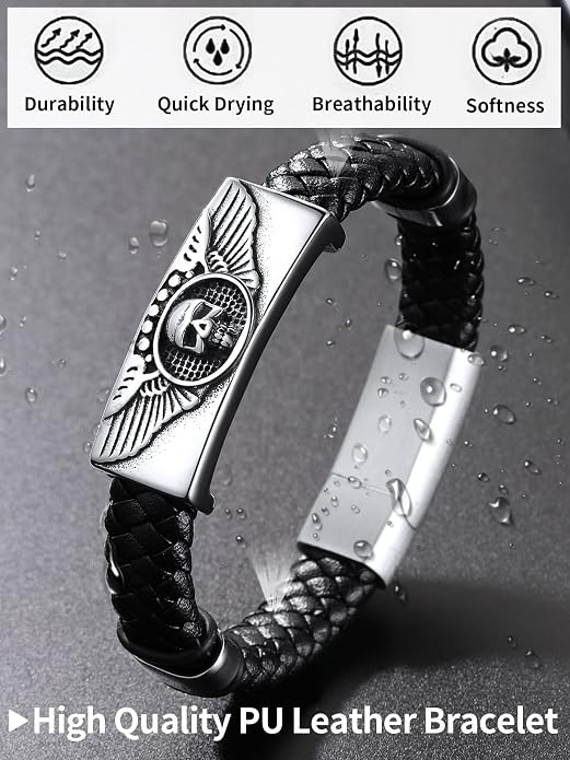 ChainsHouse Mens Wrap Braided Leather Black Bead Bracelets Bangles, Vintage Star of David/Wing Skull/Templar Cross Genuine Leather Bracelet, Customize Available, Size 7.5/8.3/9.0 Inch, Send Gift Box