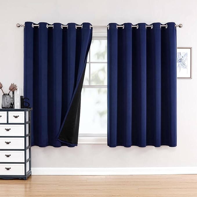 ChrisDowa 100% Blackout Curtains for Bedroom 63 Inches Long 2 Panels Set | 2 Thick Layers, Thermal Insulated, Light Blocking, Grommet, Window Treatment, Living Room Drapes, Navy Blue, 60 x 63 Inch
