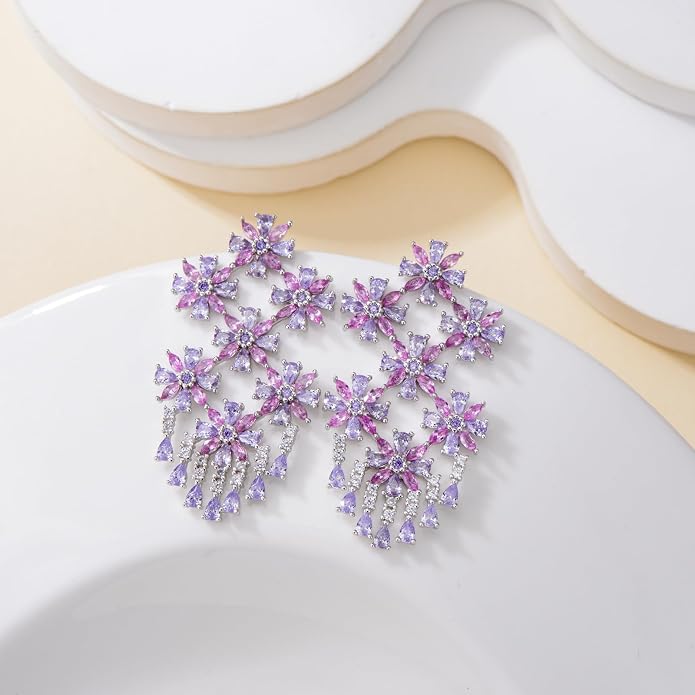 925 Sterling Silver Colorful Chandelier Teardrop Dangle Earrings Statement Flower Stud Earrings for Women Party Prom