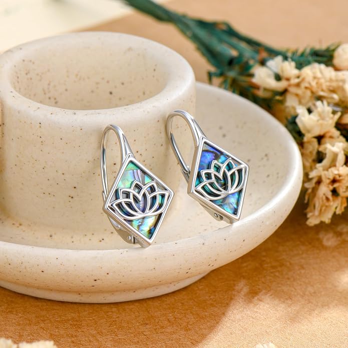 SIMONLY Abalone Shell Tree of Life/Lotus/Clover Earrings for Women 925 Sterling Silver Celtic Knot Leverback Earrings Lotus Jewelry Christmas Mother Day Gift