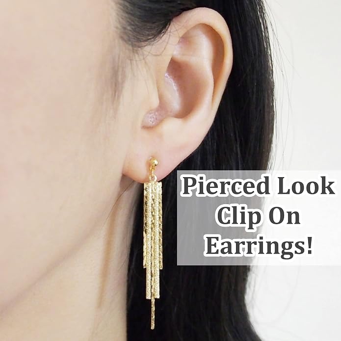 Comfortable Stick Invisible Clip On Earrings Gold Dangle Long Waved Threader Bar Clip-On Non Pierced Earrings Silver For Women,…