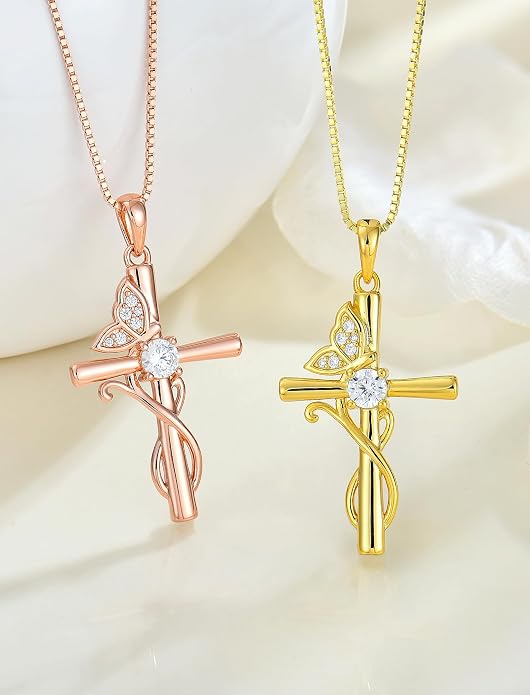 STARCHENIE Butterfly Cross Necklace 925 Sterling Silver Crucifix Pendant Birthstone Jewelry for Women
