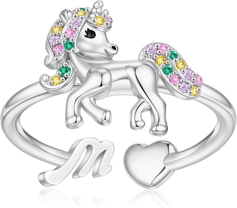Unicorn Initial Rings for Teen Girls, Rose Gold/White Gold Plated Heart Initial Rings for Girls Adjustable Stackable Rings for Women Diny Heart Ring for Teen Girls Gifts Unicorns Gifts for Girls