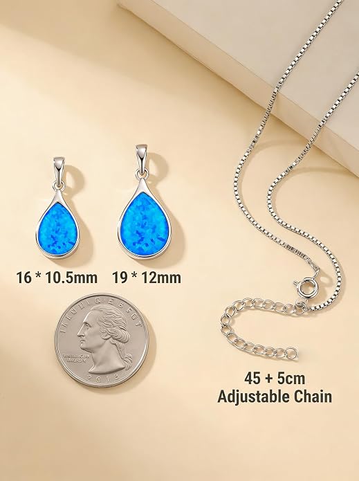 Teardrop Opal Necklace for Women - 925 Sterling Silver October Birthstone Pendant Necklace, Dainty Pear Shape Gemstone Jewelry Gif for Her, Adjustable Box Chain
