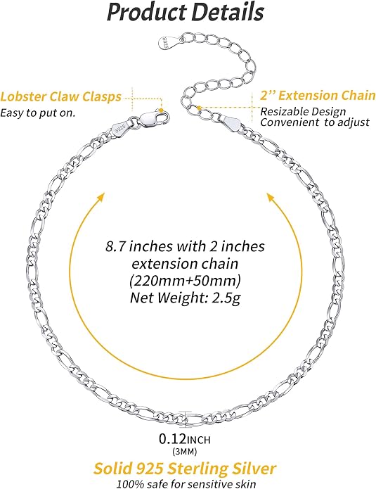 ChicSilver 925 Sterling Silver Ankle Bracelet for Women, Simple Cuban Link/Figaro/Twist Rope Chain Anklets for Beach Party(with Gift Box)