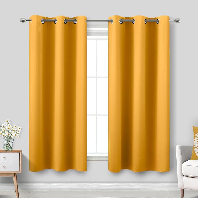 KOUFALL Yellow Cafe Kitchen Curtains 45 Inch Length for Spring Window Treatments,Set of 2 Panels Boho Short Blackout Curtains for Bathroom Window