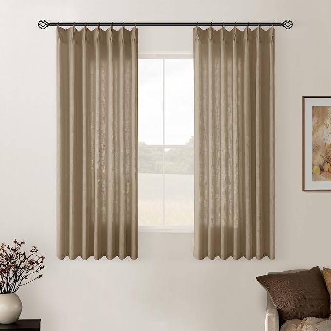 Latte Pinch Pleated Linen Semi Sheer Short Curtains 45 Inch Length 2 Panels | for Kitchen Small Bay Window Basement, Pinch Pleated with Hooks Rings Back Tab, Memory Shape, Thick Linen Semi Sheer, W40xL45