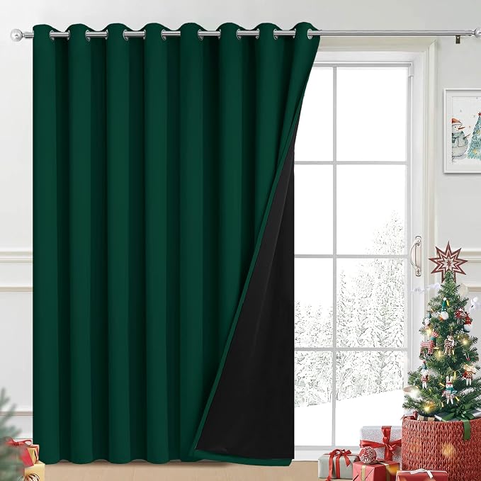 Yakamok Dark Green Blackout Patio Door Curtain Panels W100 x L84, 1 Panel | Noise Reducing Barrier Panel for Sliding Glass Door, 2 Thick Layers Heat Full Light Blocking Patio Door Drapery