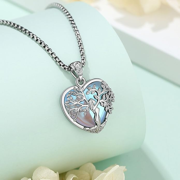 EUDORA Tree of Life Necklace with Moonstone Amethyst Obsidian Turquoise Healing Crystal for Women, Silver Plated Copper Mother Tree of Life Pendant Amulet Energy Jewelry, Gift for Women Mom, 20"+2"