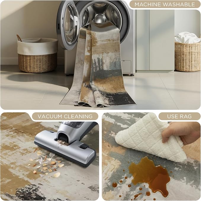 Joydeco 2x6 Washable Runner Rug for Hallway, Modern Abstract Non-Slip Soft Rugs, Low Pile Carpet for Entryway, Bedroom, Kitchen, Laundry, White &Beige & Dark Gray