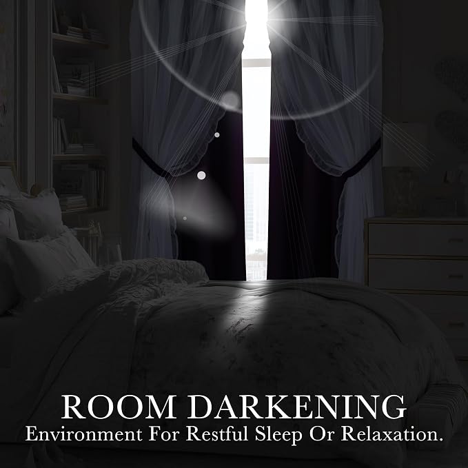 PONY DANCE Blackout Curtains for Living Room Decor Window Treatment Double Layer Drapes Ruffle Sheer Overlay,Moody Curtains, W 52 x L 84 Inches, Ombre-Purple, 2 Panels