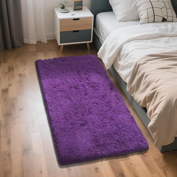 Purple Fluffy Rug Shag Area Rug, 2x4 Area Rugs for Girls Bedroom, Soft Play Mat, Indoor Floor Carpet for Teen, Preppy Dorm, Plush Aesthetic Bedside Rug