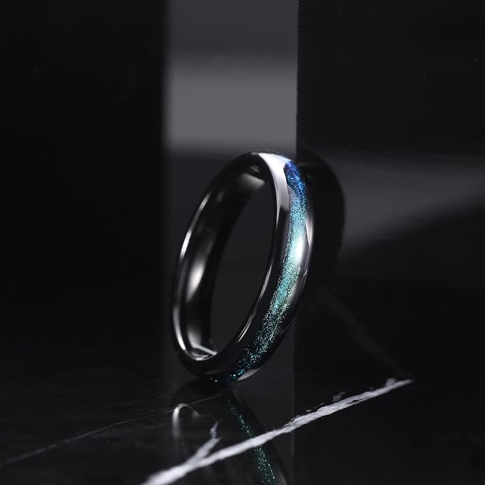 THREE KEYS JEWELRY 4mm 8mm Black Tungsten Wedding Band for Men Women, Blue Green Sandstone & Purple Galaxy Inlay, Domed Polished Comfort Fit Anniversary Engagement Ring