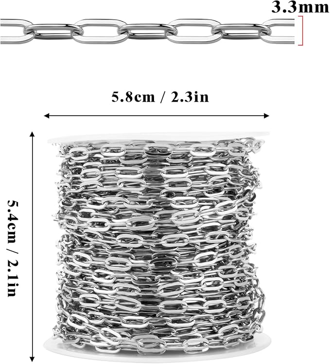 [33 Ft] Stainless Steel Paperclip Chains Roll, 3.3 * 7mm Width 304 Stainless Steel Oval Link Chains Spool Bulk for Jewelry Making