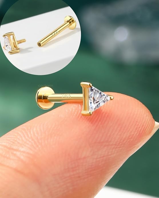 COCHARM 14K Real Gold Helix Cartilage Conch Earring, 16g Flat Back Triangle Tragus Piercing Jewelry, Solid Gold Lip Ring Stud, Yellow Gold Labret Jewelry