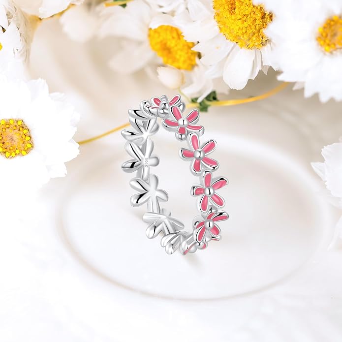 S925 Sterling Silver Dainty Daisy Flower Rings for Women, I Think Of You Every Daisy, 12 Month Birth Flower Ring