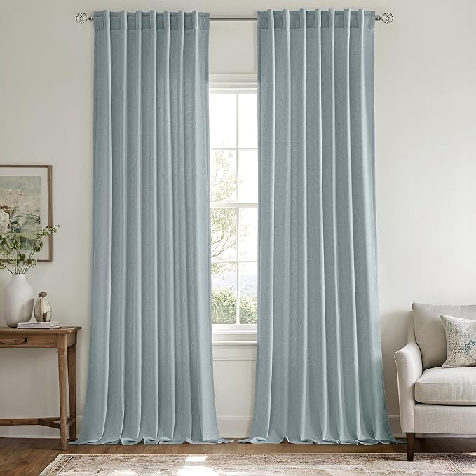 MIULEE Non-See-Through Privacy Linen Curtains 52Wx108L Inch Stone Blue | 2 Panels, Light Filtering, Semi Sheer Window Curtains, Farmhouse Textured, Back Tab Drapes for Bedroom Living Room