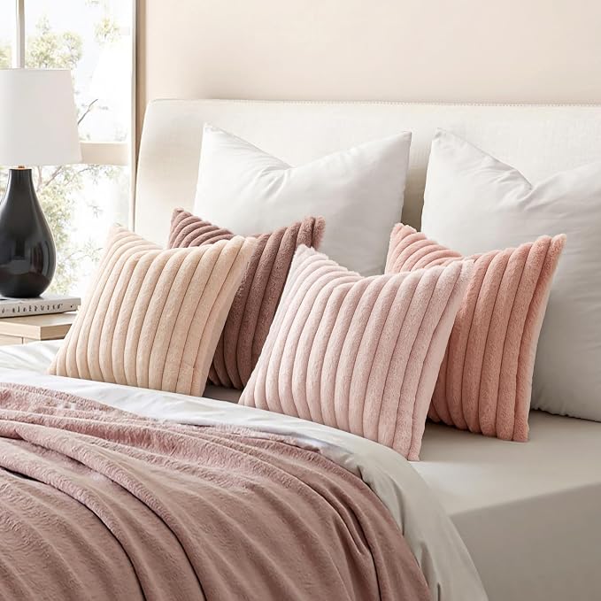 MIULEE Faux Fur Plush Decorative Throw Pillow Covers 24x24 Set of 4, Valentine's Day Cute Modern Soft Romantic Fuzzy Striped Cushion Covers Girl for Sofa Couch Bed Living Room Cozy Home Decor,Pink