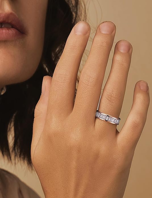 King Will 6mm 316L Stainless Steel Eternity Ring for Women, Colorful Baguette-Cut Cubic Zirconia Stackable Band, Pipe Cut Anniversary Engagement Ring Comfort Fit, Size 6-10