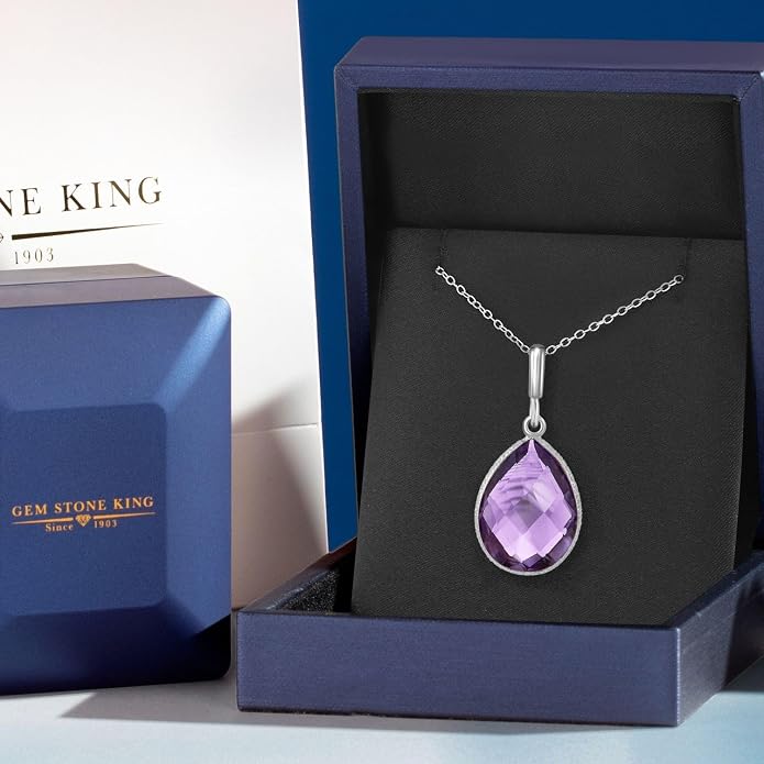Gem Stone King 6.50 Cttw Amethyst Teardrop Pendant Necklace For Women | 925 Sterling Silver | Pear Shape 16X12MM | Gemstone Birthstone | With 18 Inch Silver Chain