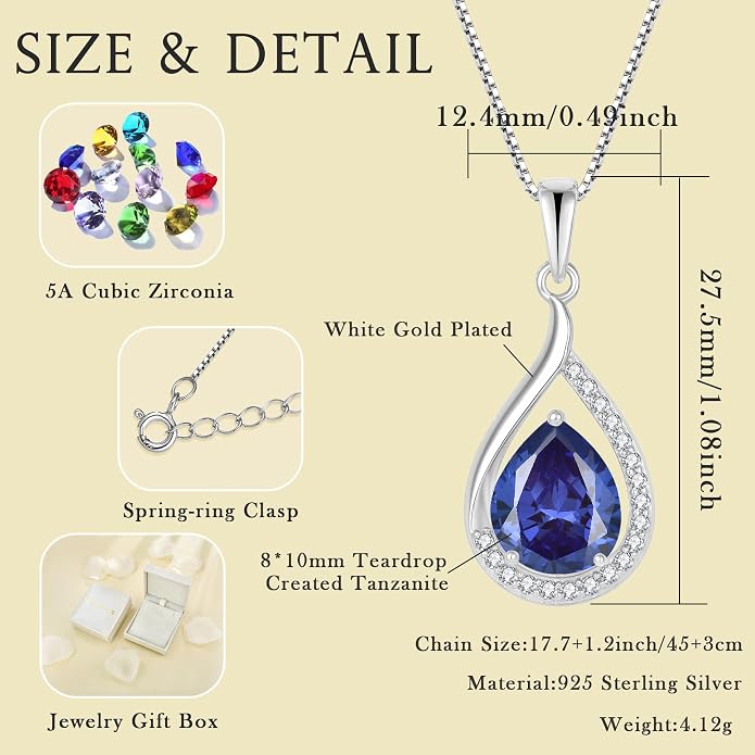 Teardrop Birthstone Necklace for Women 925 Sterling Silver White/Yellow Gold Plated Cubic Zirconia Pendant Necklace Jewelry for Her