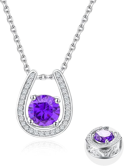 925 Sterling Silver Horseshoe Necklace for Women Round Gemstone Birthstone Necklace Sapphire/Emerald/Ruby/CZ Horse Shoe Pendant Necklaces Jewelry Gift