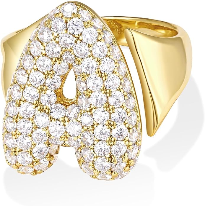 KissYan Bubble Initial Ring for Women, 14K Gold Plate Balloon Jumbo Letter Rings Open Adjustable Dainty Pave CZ Personalized Fashion Jewelry Gift for Mother's Day