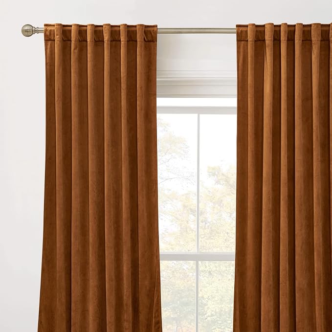 RYB HOME Burnt Orange Velvet Curtains for Bedroom Living Room, Thermal Insulated Privacy UV Heat Blocking Luxurious Soft Rod Pocket Back Tab Drapes for Nursery, 42" W x 63" L, 2 Panels
