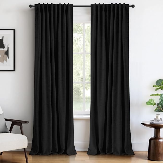 INOVADAY 100% Blackout Curtains 90 Inches Length 2 Panels Set, Back Tab/Rod Pocket Linen Black Out Curtains for Bedroom, Thermal Insulated Window Drapes - Black, W50 X L90
