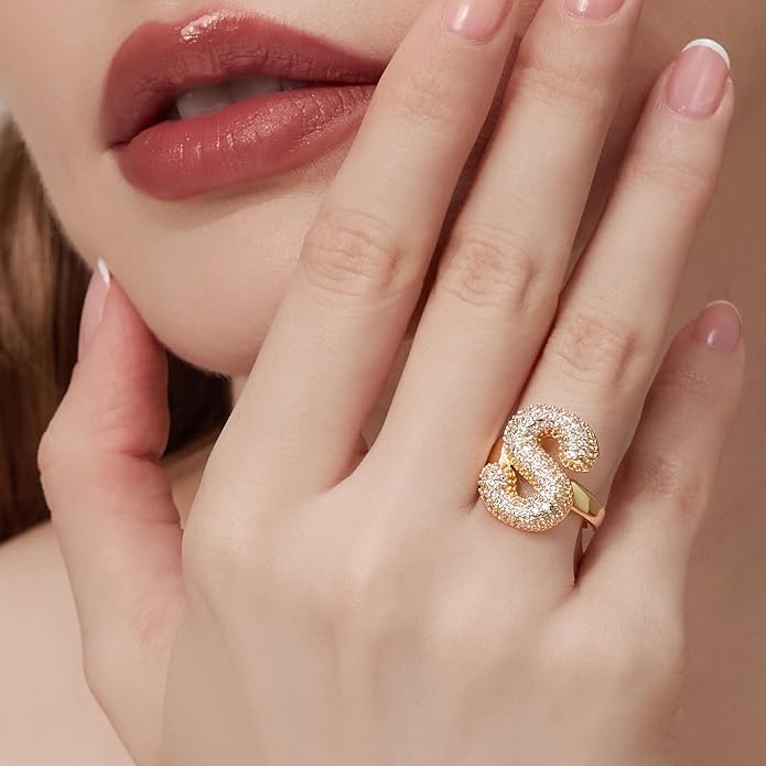 Cicy Bell Initial Rings for Women 14k Gold Plated Cubic Zirconia Delicate Letter Chunky Statement Open Rings Gifts for Her