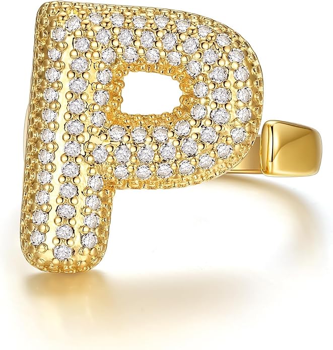 KeyStyle Bold Initial Letter Rings Adjustable, GoldChic Jewelry Women Gold Statement Ring Personalized Engraved Women’s Open Signet Ring for Party (Gold, White Gold, Black)