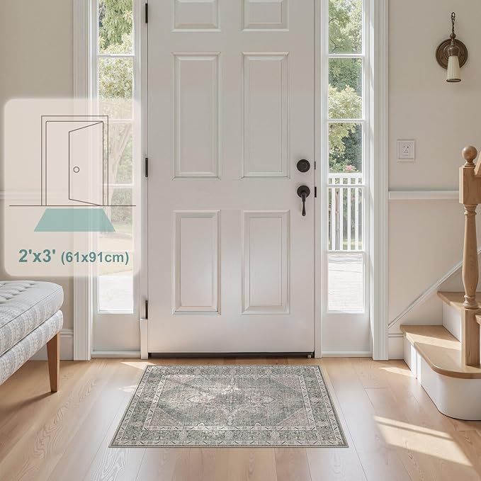 Tortania Area Rug 2x3 Doormat - Washable Vintage Oriental Farmhouse Soft Thin Indoor Carpet for Living Room Bedroom Hallway Entryway Kitchen - Green Gray