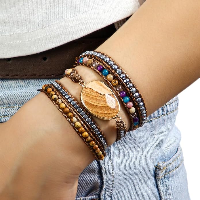 Women Wrap Bracelet Boho Natural Jasper Crystal Stone Beads Strand Bracelets