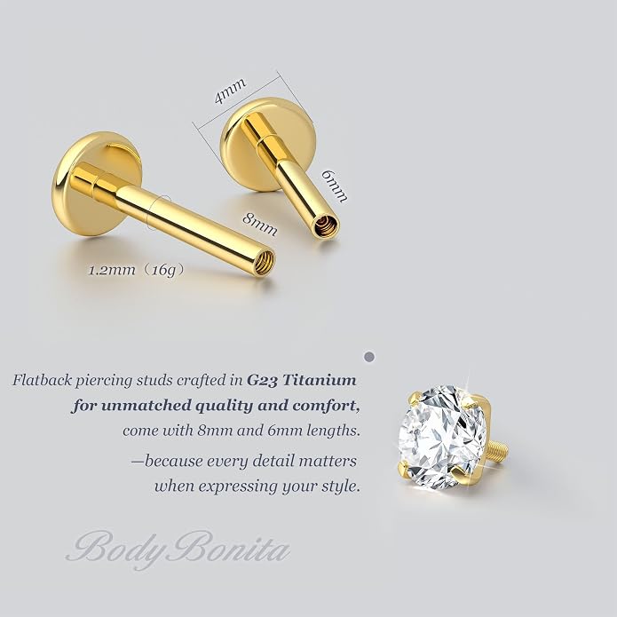 BodyBonita 16G Gold Stud Earrings Flat Back - G23 Titanium Internal Thread Clear CZ Cartilage Earrings for Women