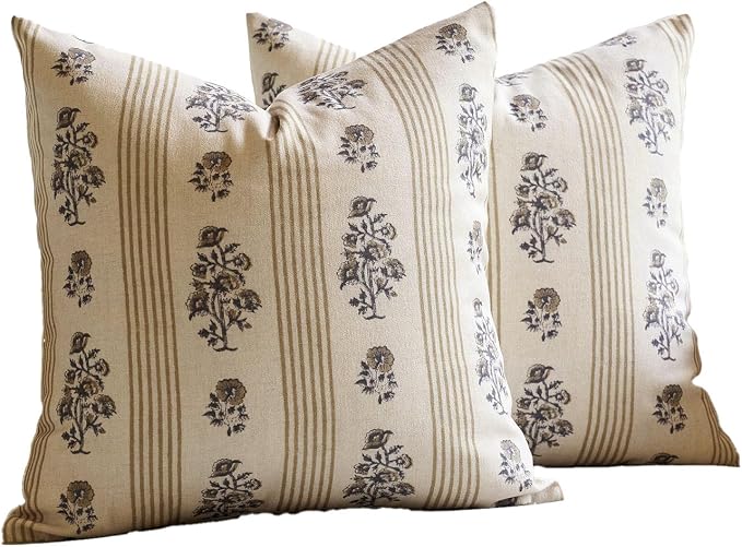 Amor Virisso Floral Throw Pillow Covers 20x20 Set of 2 Block Print Pillow Covers Neutral Floral Striped Farmhouse Decorative Pillow Covers for Sofa Couch Bed, Yellow