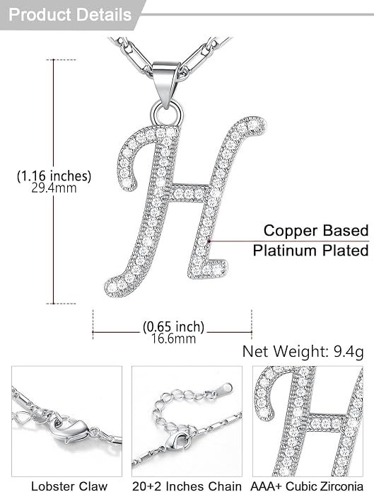 U7 Initial Necklace for Women, Gold/Platinum Plated CZ Crystal Letter A-Z Pendant Necklace, Shiny 20 Inch Name Chain Dainty Personalized Jewelry for Men Mom Wife Friend