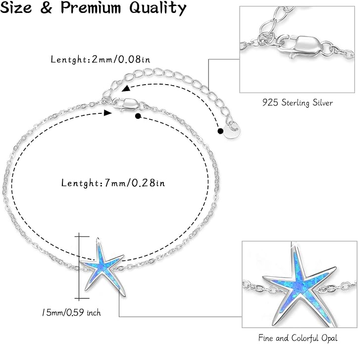 Cuoka Starfish Bracelet 925 Sterling Silver with White Fire Opal Chain Bracelets Ocean Jewelry Birthday For Women
