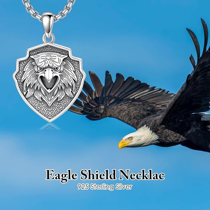 SIMONLY Eagle/Wolf/Skull Necklace for Men 925 Sterling Silver Shield Fish Hook Pendant Amulet Necklace Viking Shield Jewelry Christmas Gifts for Him