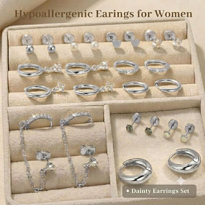 Incaton Hypoallergenic Flat Back Earrings for Women 14K Gold Stainless Steel Earrings for Sensitive Ears 20G Cartilage Earring Stacks Huggie Hoops Flatback Stud Earring Sets for Multiple Piercing Silver