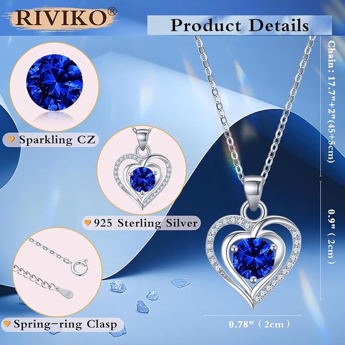 RIVIKO Heart Birthstone Pendant Necklace for Women 925 Sterling Silver Zirconia Necklaces Valentine's Day Anniversary Birthday Mothers Day Jewelry Gifts For Her Mother Wife