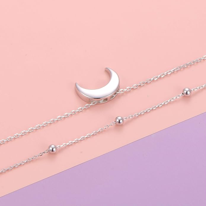 FLYOW Layered Choker Necklace S925 Sterling Silver Star Full Moon Daisy Flower Pendant Disc Jewelry Adjustable Clavicle Necklaces for Women Girls Birthday Gifts
